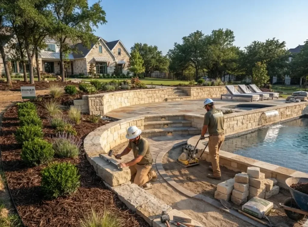 Backyard pool patio, seating wall and stone pathway under construction in Denton County, TX