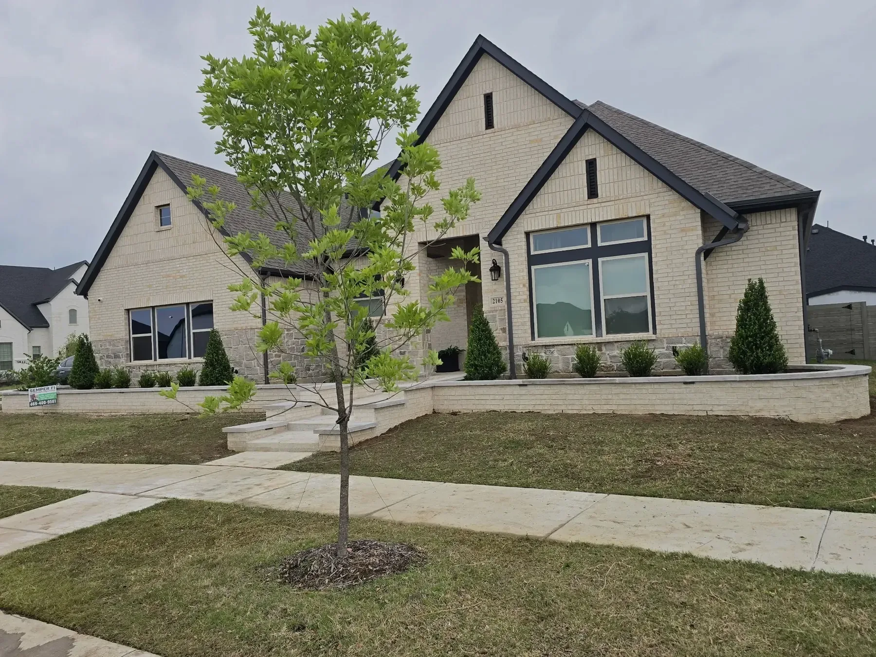 Completed front yard landscape on a large Southlake, TX property