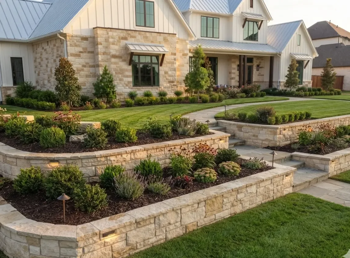 Completed stone walkway, tiered retaining wall and planted beds on a Denton County, TX front yard