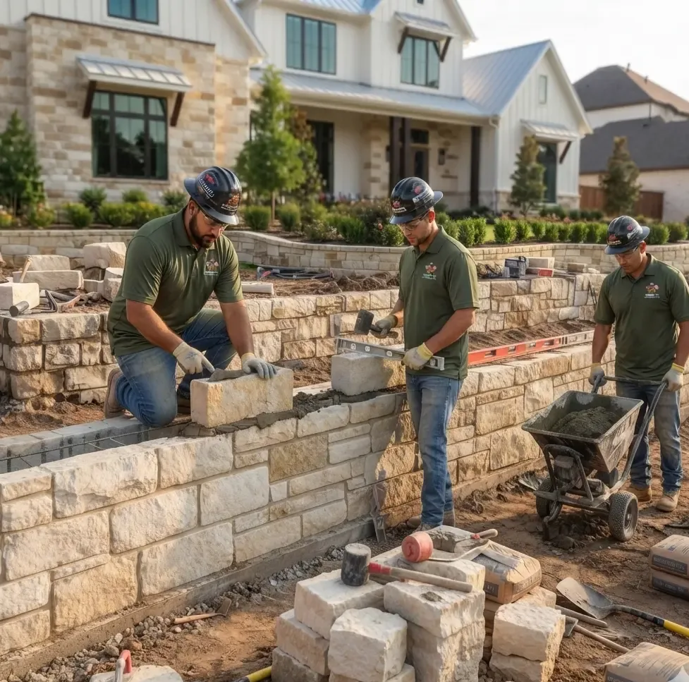 Semper Fi crew laying a stone retaining wall on a Flower Mound, TX front yard