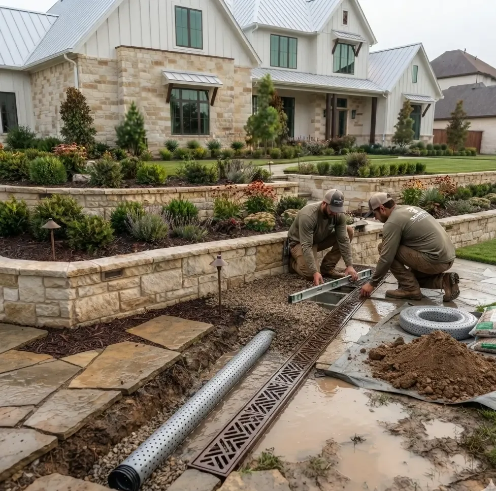 Crew setting a channel drain and perforated pipe during a drainage correction in Denton County, TX